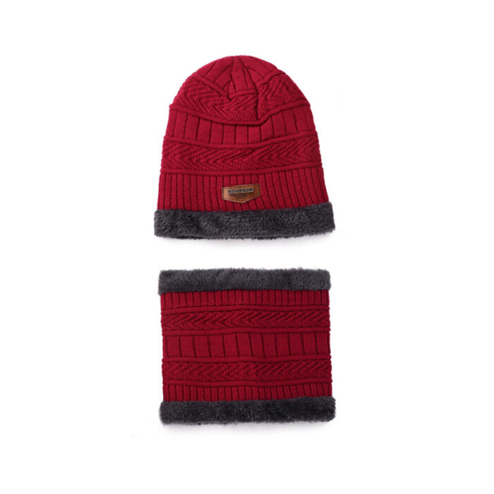 Winter hat and neck cover set with soft fleece lining, featuring a stylish knitted pattern and warm design.